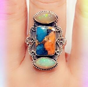 Opal & Spiny Oyster Turquoise Sterling Gemstone Ring